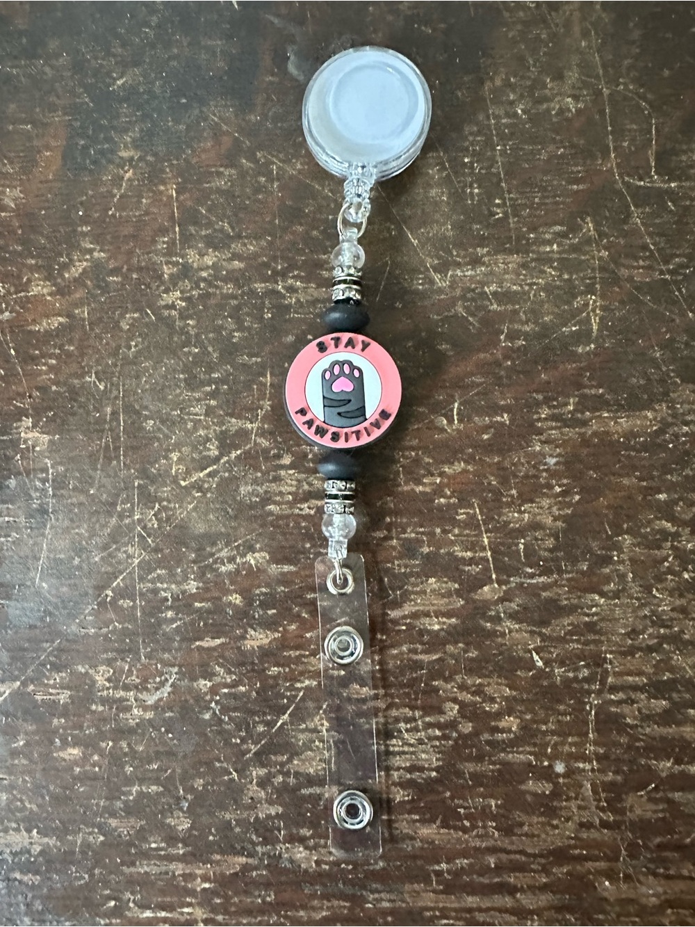Handmade Pink "Stay Pawsitive" Retractable Badge Reel